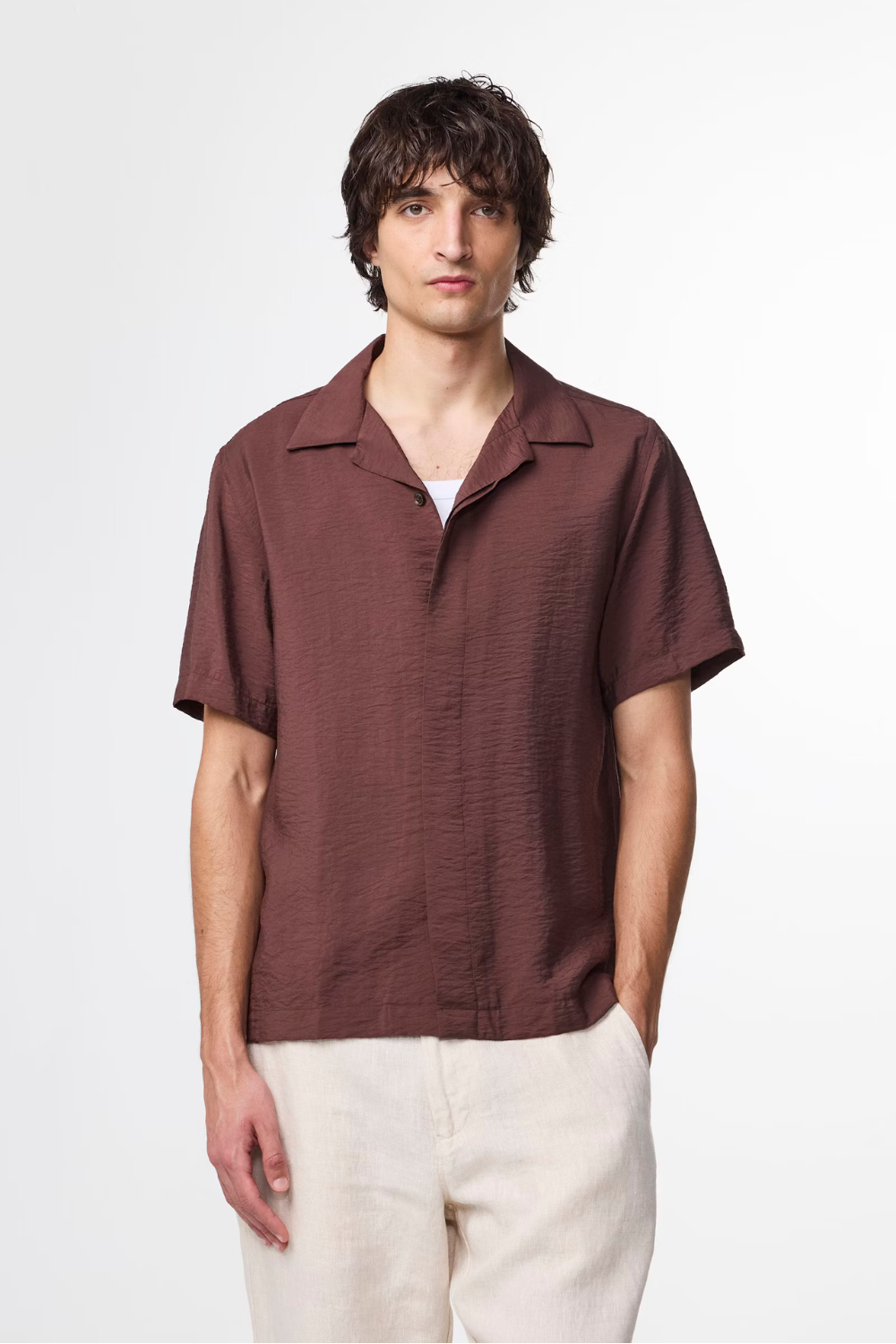 Julio Open Collar Linen Shirt Coffee | NN07 | Mad About The Boy