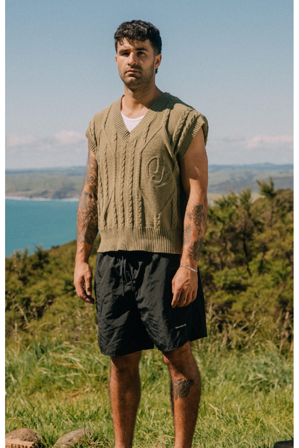CABLE-KNIT CROPPED VEST / OLIVE CABLE-KNIT | PORTER JAMES SPORTS | Mad About The Boy